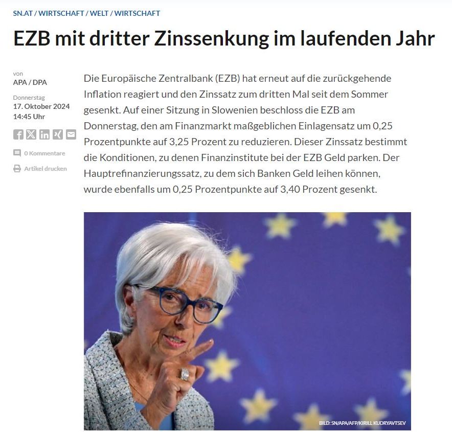 Artikel in den Salzburger Nachrichten: EZB senkt zum dritten Mal in Folge Leitzinsen