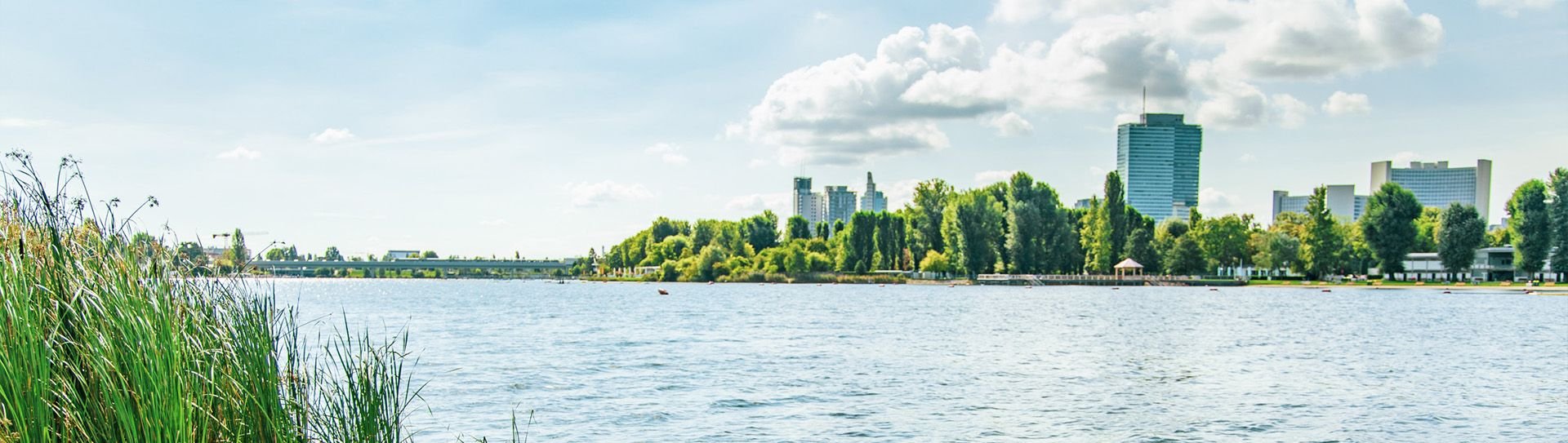 Blick auf Alte Donau und Skyline