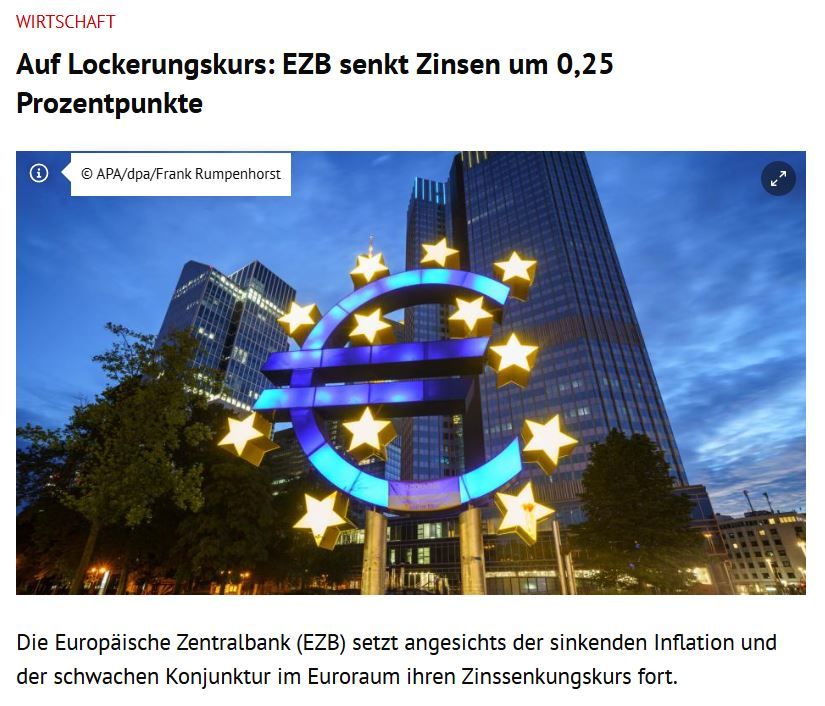 Screenshot zum Kurier Artikel: Auf Lockerungskurs: EZB senkt Zinsen um 0,25 Prozentpunkte
