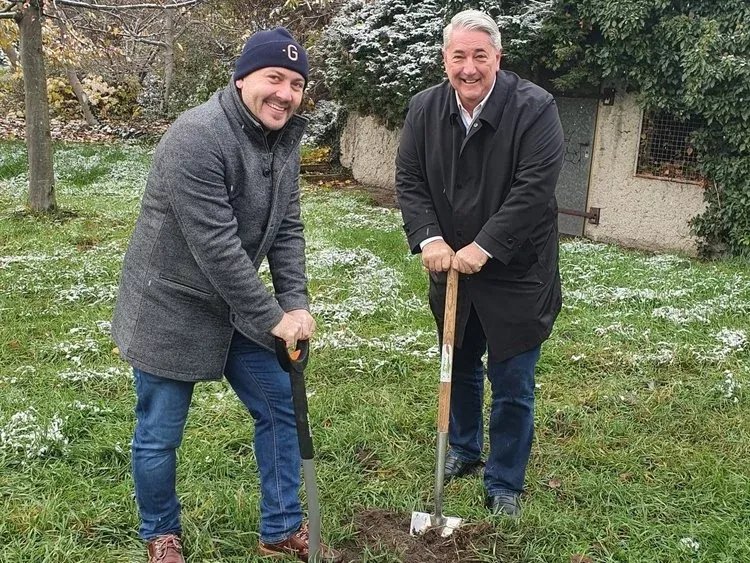 Glorit Geschäftsführer Lukas Sattlegger beim Pflanzen eines Obstbaumes